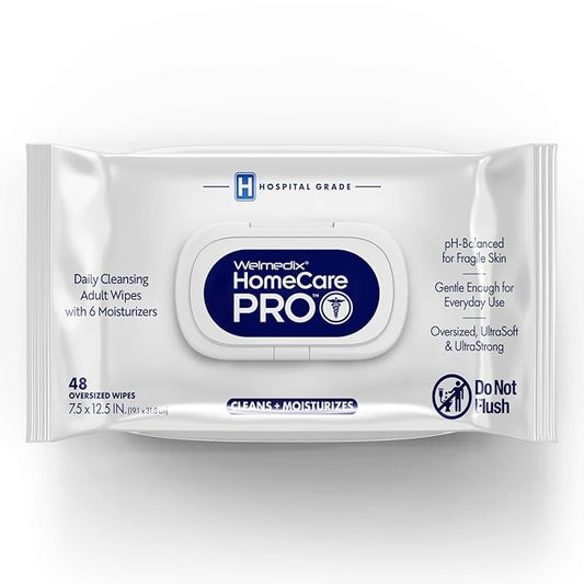 Homecare Pro Oversized Daily Cleansing Adult Wipes With 6 Moisturizers Wet Cleansing, Rinse Free, Bathing Wipes, Hospital Grade pH Balanced for Fragile Skin - | 48 Count XL |- 1 Pack