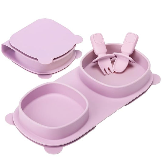 Baby Plates with Suction with Forks and Spoons,Foldable Silicone Toddler Plates,Baby Travel Essential,Microwave & Dishwasher Safe,Purple
