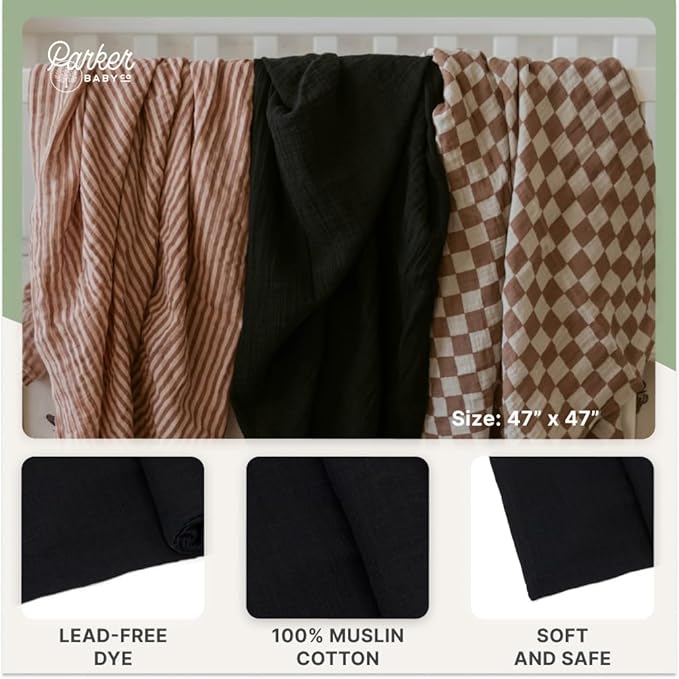 Parker Baby Co. Swaddle Blankets - Pack of 3 of 100% Cotton Muslin Swaddle Blankets for Baby Boys and Girls - Unisex/Gender Neutral - Rosewood Set