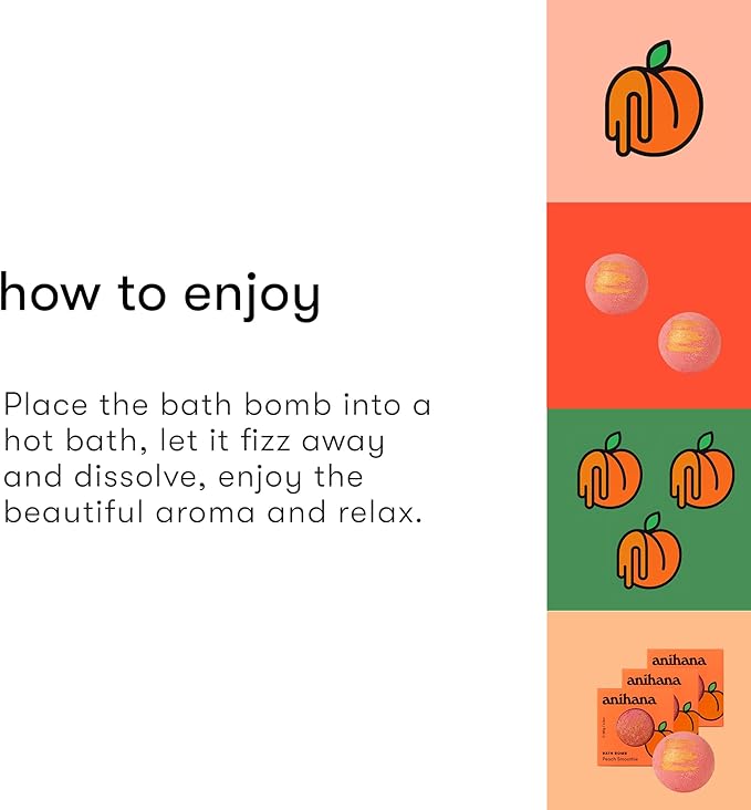 ANIHANA Bath Bombs with Coconut Oil, Paraben Free, Hand-Crafted Luxury Fizzers, Refreshing Peach Smoothie Scent, 6.3 oz Each, 3 Pack