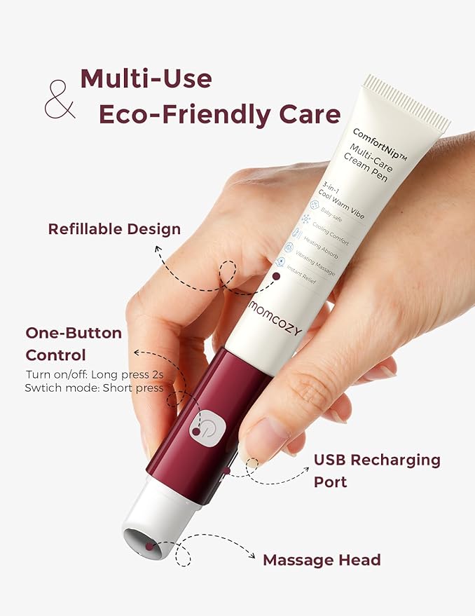 Momcozy ComfortNip™ 3-in-1 Heat/Cool/Vibe Nipple Cream Pen| Touch-Free 316 Steel Head, Botanical Breastfeeding Cream, Rechargeable Portable Christmas Gift for Nipple Pain Relief