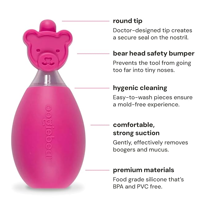 oogiebear: Baby Nasal Aspirator - Safe Booger & Earwax Remover for Newborns, Infants, Toddlers - Better Syringe, Airtight Suction, Nose Sucker - Essential Baby Stuff, Diaper Bag Must-Haves, Pink