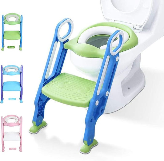 KATARUS Potty Training Toilet Seat with Step Stool Ladder for kids and baby Adjustable Toddler Toilet Training Seat with Soft Not-Cold Padded Seat Safe Handles and Non-Slip Wide Steps, Blue-Green