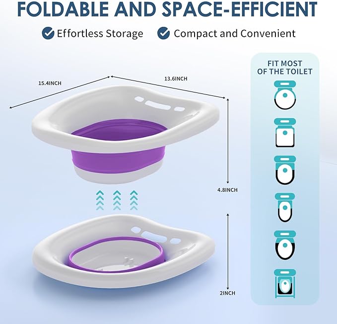 Soothic Sitz Bath for Toilet Seat, Sitz Bath for Postpartum Care and Hemorrhoids, Upgraded Collapsible Sitz Baths with Flusher, Wider Seating Area, Deeper Bowl, Drain Holes, Purple
