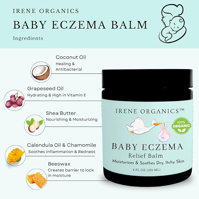 Irene Organics Baby Eczema Relief Balm, Healing Ointment Baby Moisturizing Cream for Eczema, Dry, Itchy Skin. Award Winning Baby Skincare for Sensitive Skin, Safe for Newborns, Kids and Adults