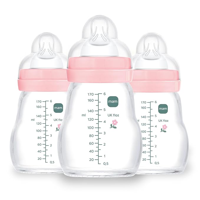 MAM Premium Glass Baby Bottles, Easy Switch Between Breast and Bottle, Feel Good Slow Flow, Newborn Essentials Must Have, 0+ Months, BPA Free, 6oz, Girl, 3 Pack