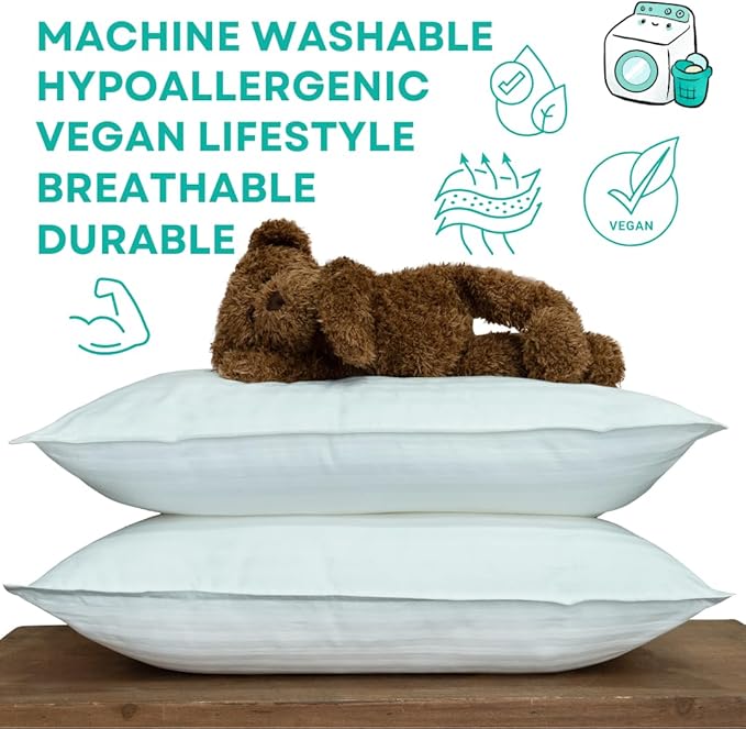 kinder Fluff Children Pillows for Bed (2X) 14x20in- The Only Kids Pillow 300T Cotton Shell & Down Alternative Fill - Travel Pillow for Children Bedding Set Sleeping Pillow Floor Bed Pillows- White- M