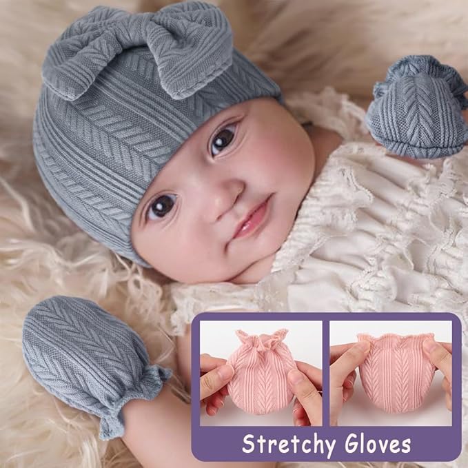 Newborn Baby Hats and Mittens Set Infant Bow Beanie Cap Toddler Gloves Newborn Hospital Hats for Baby Boy Girl 0-6 Months