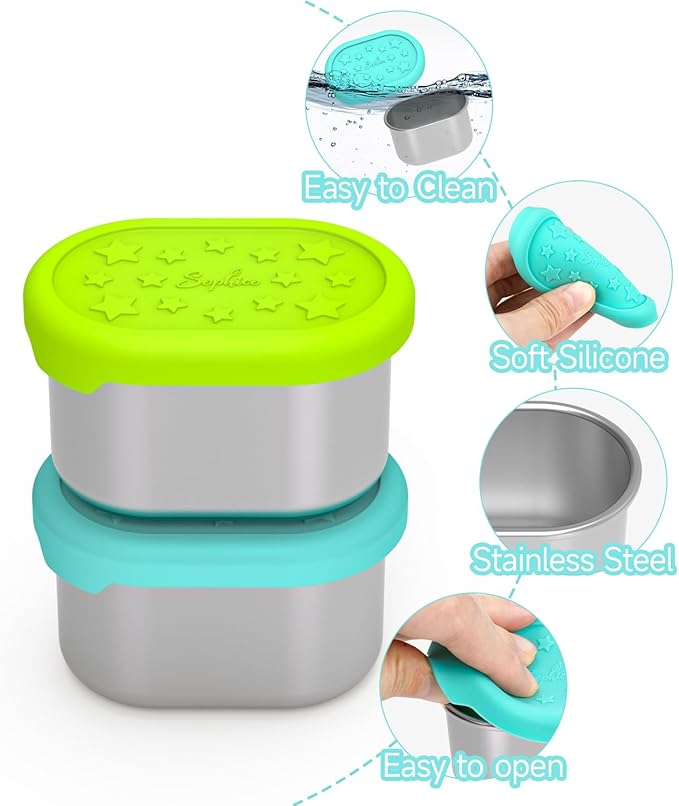 SOPHICO Stainless Steel Salad Dressing Condiment Containers with Leakproof Silicone Lids, 3 oz Mini Sauce Container and Portion Bento Box of Kids Lunch to Go for Snack, Dessert (MIX, 4 PACK)