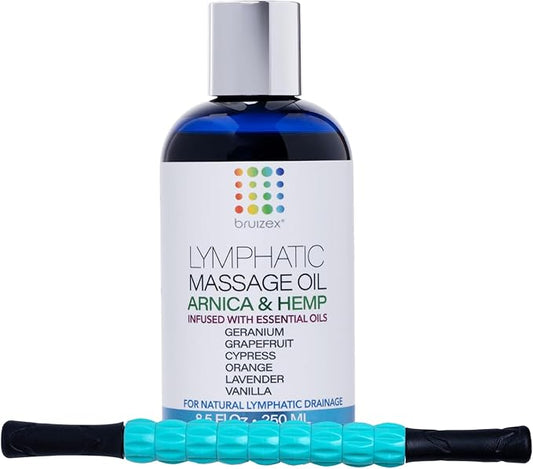 Arnica & Natural Hemp Seed Lymphatic Drainage Massage Oil & Post Liposuction Massage Roller Stick Bundle, for Fibrosis Treatment, Manual Lymph Drainage & Post Surgery Recovery