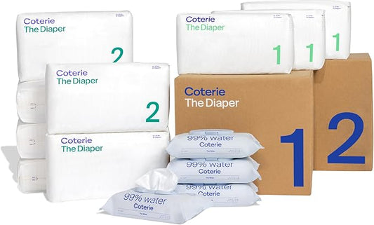 Coterie Baby Wipes + Diapers Kit, Size 1 (99 Count) & Size 2 Diapers (186 Count), 4 Pack (224) Baby Wipes with 99% Water, Plant Based Materials, Hypoallergenic for Sensitive Skin