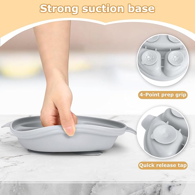 Stainless Steel Baby Plates with Suction, Toddler Plates with Removable Silicone Shell for Kids, Non-Slip Toddler Baby Feeding Set, Forks + Spoons Included-Gray