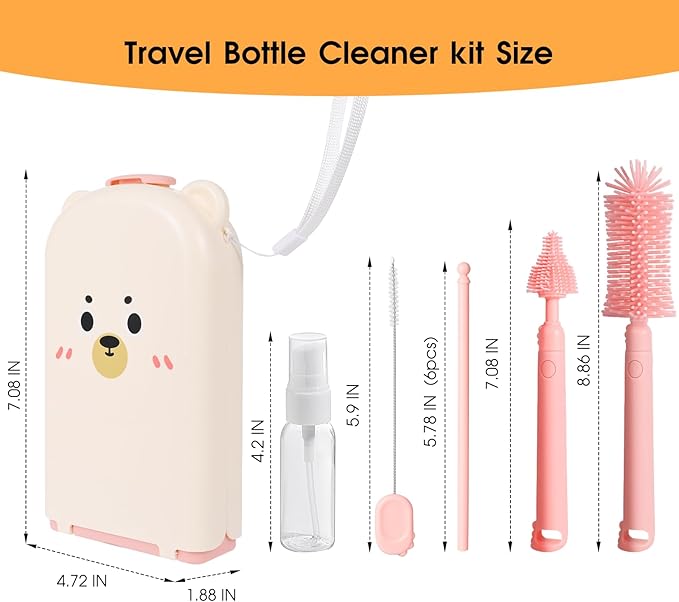 Portable Baby Bottle Brush Set, 7-in-1 Travel Baby Bottle Cleaning Kit, Portable Bottle Washing Kit with Silicone Bottle Brush, Nipple Brush, Straw Brush, Drying Rack for Home and Travel (Pink)