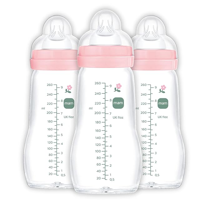 MAM Premium Glass Baby Bottles, Easy Switch Between Breast and Bottle, Feel Good Medium Flow, Newborn Essentials Must Have, 2+ Months, BPA Free, 9oz, Girl, 3 Pack