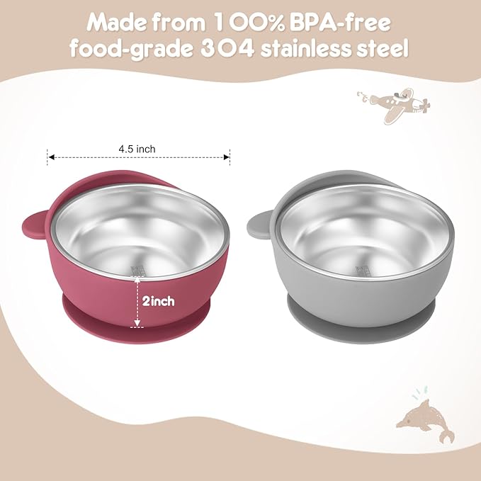 4 Pack Stainless Steel Baby Bowls with Suction, Toddler Bowls with Removable Silicone Shell for Kids, Non-Slip Toddler Baby Feeding Set Dishwasher Safe-blue/Gray/Red/Cream