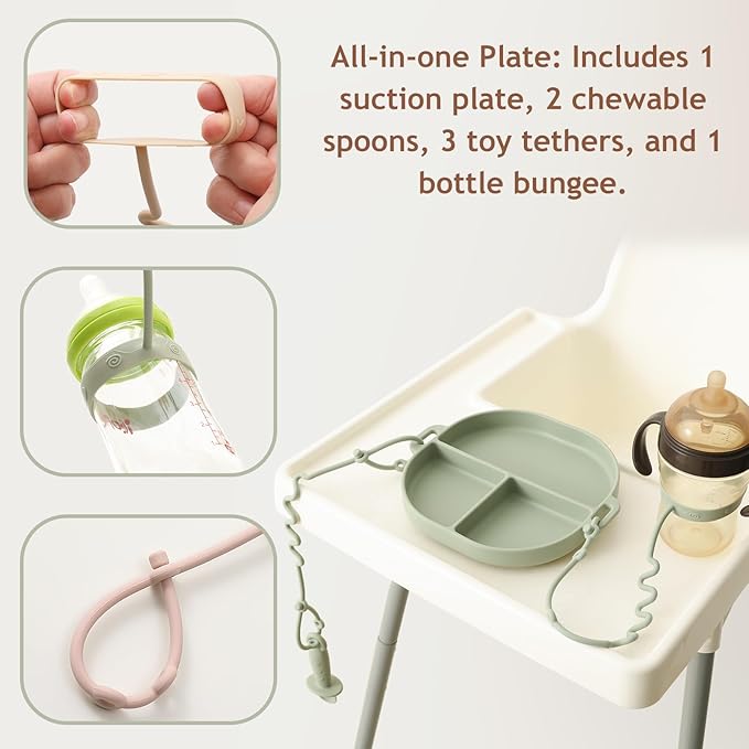 Andy Bear Silicone Plates for Babies with Suction Divided Baby Spoons Silicone Baby Toy Straps All-in-one Plates Silicone Placemat for Babies Toddlers Attachable Tethers & Built-in Suction Cups-Blush