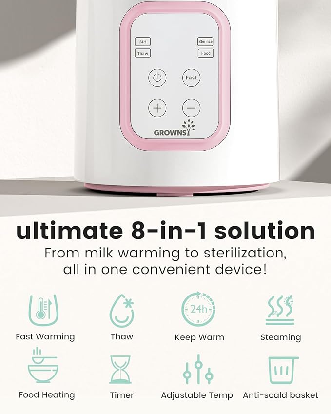 Grownsy Bottle Warmer, Fast Baby Bottle Warmer for All Bottles, Milk Warmer for Breastmilk or Formula, Smart Temperature Control and Automatic Shut-Off- Pink