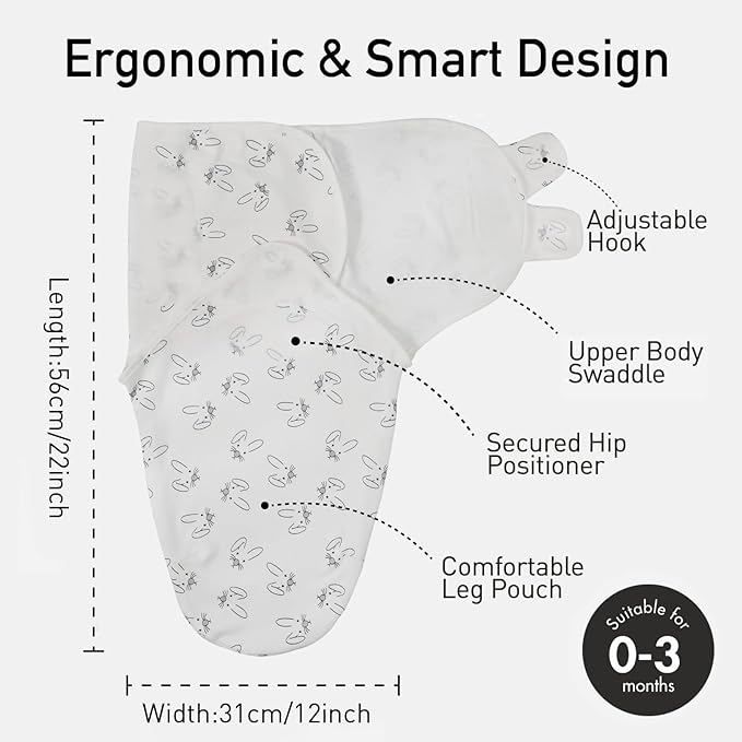 GLLQUEN BABY 3 Pack Newborn Swaddle - Baby Swaddle 0-3 Months for Baby Boys and Grils, Adjustable Sleep Sack for Newborns, Stripes & Bunnies, Swaddling Blankets