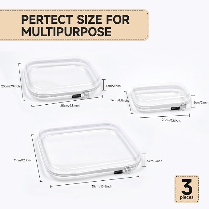 Hard Sided Clear Zipper Case for Storage- Professional-Grade Plastic Clear Zipper Pencil Case,Toy Storage Bins, Toiletry Pouch, Travel Organizer, Cosmetic Bag（White,3 Pack, LMS）