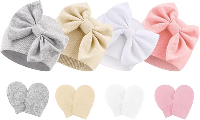 Newborn Baby Hats and Mittens Set Infant Bow Beanie Cap Toddler Gloves Newborn Hospital Hats for Baby Boy Girl 0-6 Months