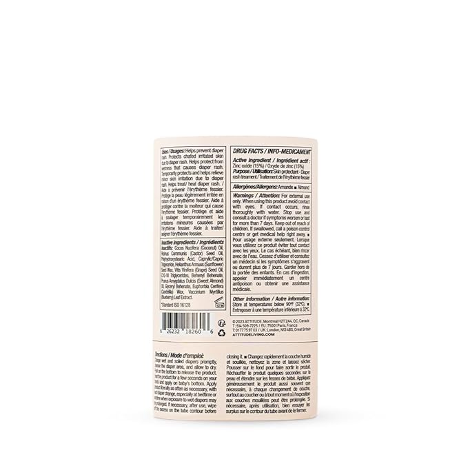 ATTITUDE Plastic-Free Diaper Cream Bar with Zinc for Baby, EWG Verified, Dermatologically Tested, Vegan, Unscented, 1 Ounce