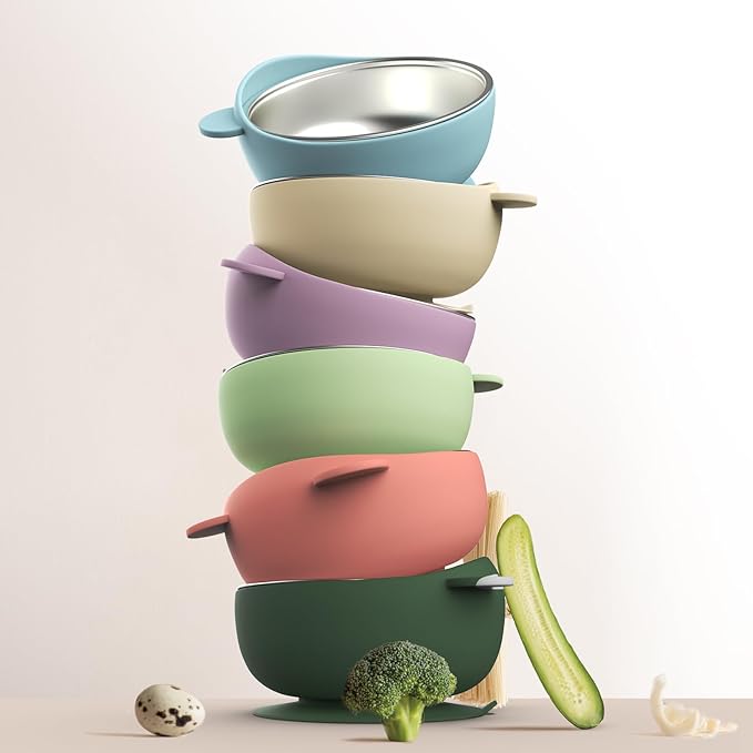 Stainless Steel Baby Bowls with Suction, 2-in-1 SUS304 Toddlers Bowl & Removable Silicone Suction Kids Bowl, Anti Scald Non Toxic Snack Container for Baby Food Feeding, Morandi Set of 4