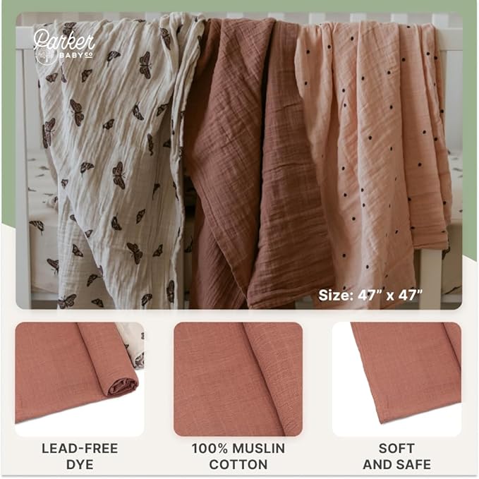 Parker Baby Co. Swaddle Blankets - Pack of 3 of 100% Cotton Muslin Swaddle Blankets for Baby Boys and Girls - Unisex/Gender Neutral - Butterfly Set