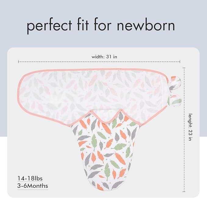 GLLQUEN BABY Swaddle Blankets for Baby Girls, 3-6 Months, Orange Pink Feather & Wave Point, 3 Pack Wrap Set, Newborn Adjustable Swaddles Sleep Sack, (Medium/Large)