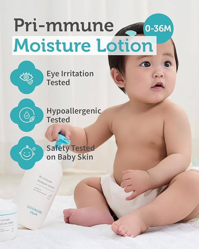 GOONGBE Pri-mmune Moisture Lotion & Cream - Korean Baby Moisturizer - Hypoallergenic Moisturizing & Calming Daily Moisturizer - Fast Absorbing, Naturally Derived Non-Greasy, 11.8oz + 6.1oz.
