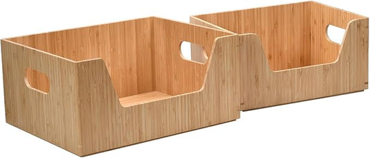 MobileVision Bamboo Storage Box Set Open Front Bin Organizers to use in kitchen pantries, cabinets and countertops 1 Large & 1 Small box included