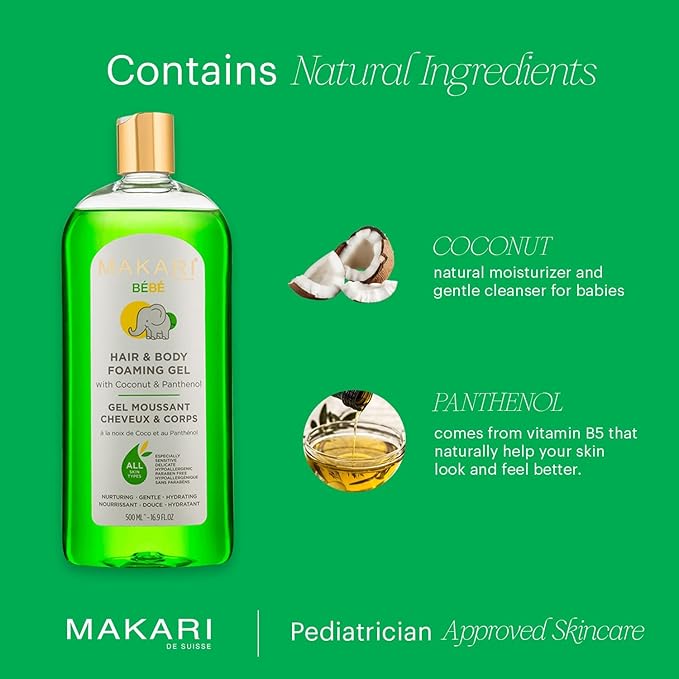 MAKARI Baby Hair & Body Foaming Gel | Gentle Wash for Sensitive & Delicate Skin | Hypoallergenic & Paraben-Free | Nourishing Cleanser with Coconut Oil & Panthenol