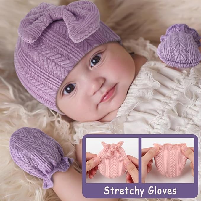 BQUBO Newborn Baby Hats Mittens Set Hospital Hat Beanie Infant Bow Hats Baby Gloves No Scratch Mittens for 0-6 Months