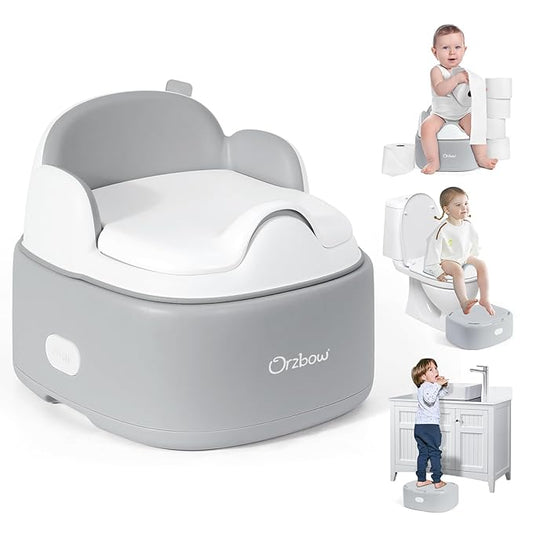 Orzbow 3-in-1 Potty Training Toilet, Detachable Baby Potty, As Toddler Toilet Seat, Chair, Step Stool for Boys & Girls 18+ Months, Potty Training Seat with Splash Guard, Lid, Easy Clean, Gray