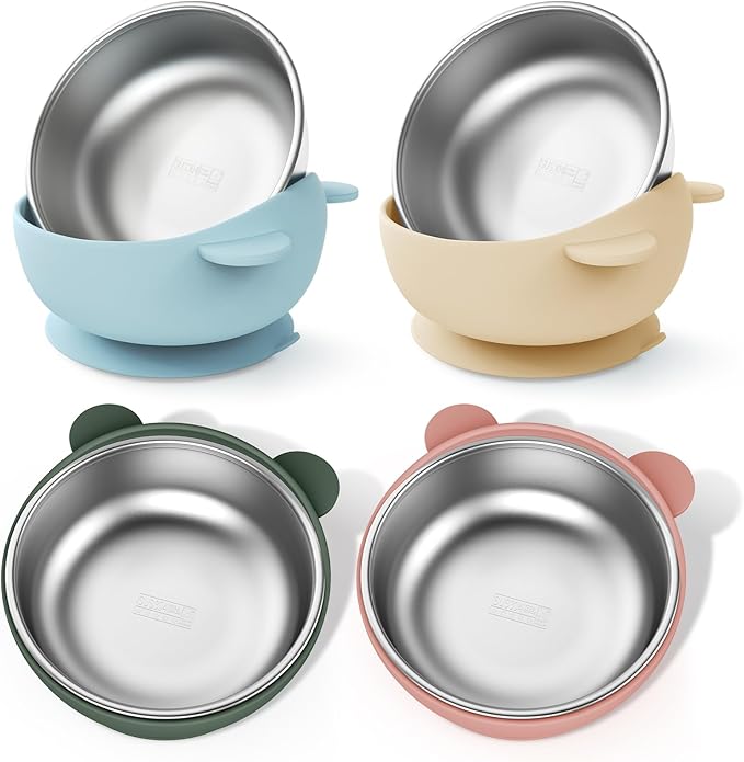 Stainless Steel Baby Bowls with Suction, 2-in-1 SUS304 Toddlers Bowl & Removable Silicone Suction Kids Bowl, Anti Scald Non Toxic Snack Container for Baby Food Feeding, Morandi Set of 4