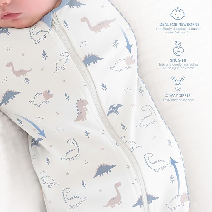 Baby Swaddle 0-2 Months, Cotton Arm-In Zipper Sleep Sack, Wearable Blankets Wrap for Newborn Infant Boys (Dinosaur, Pack of 1)