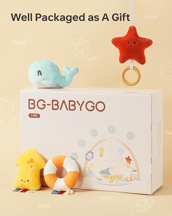 Baby Play Gym Activity Mat, 5 Developmental Zones Wooden Tummy Time Mat with 7 Detachable Sensory Toys for Motor Skills & Sensory Development, Baby Essentials Shower Gift, Easy to Install