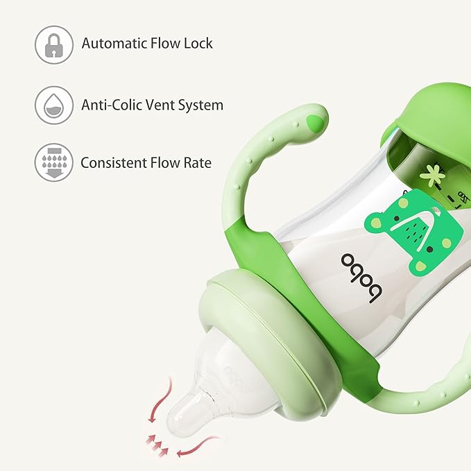 YOHKOH Natural Glass Baby Bottle with Natural Response Nipple, Wide Neck Baby Bottles with Handle, Newborn Anti-Colic Baby Bottles Gift Set, Clear (5.4oz (Pack of 2), Green)