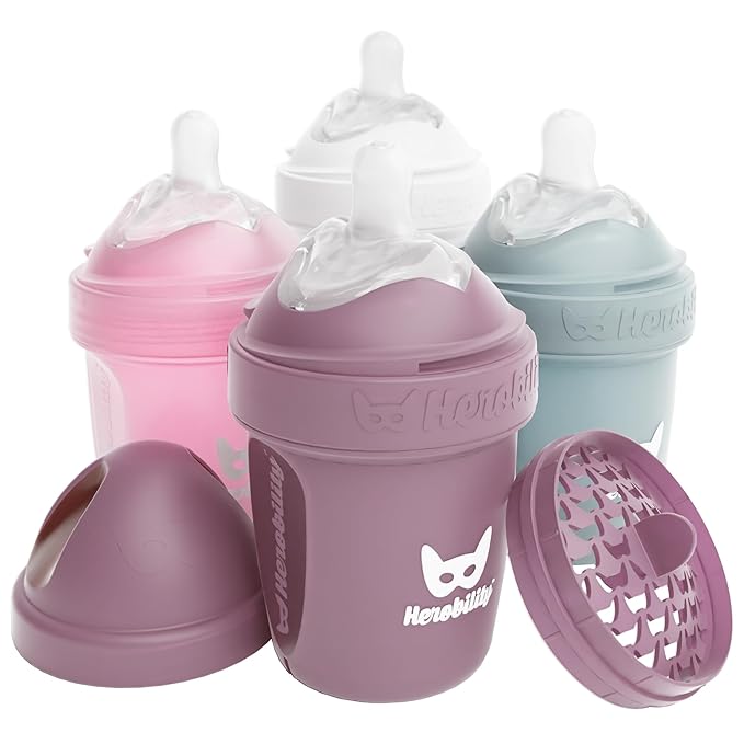 Herobility Double Anti-Colic Baby Bottles – 5 fl oz/140ml – 4-Pack – Multicolor – White, Gray, Pink, Hawthorn Rose