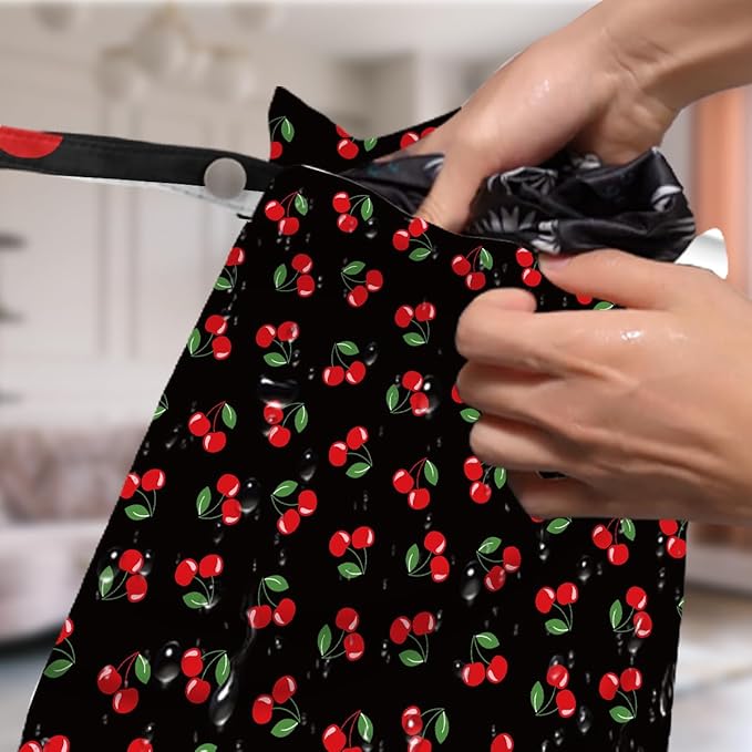 4 Pack Cute Line Circle Cherry Wet Bag Waterproof Washable Reusable Wet Dry Bag for Swimsuit Bathing Dirty Clothes Cloth Diaper Travel Beach Pool Yoga Gym Toiletries Travel Beach Essentials