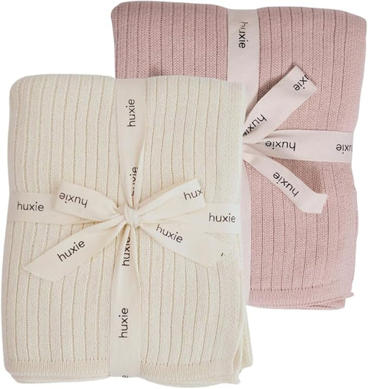 Knitted Organic Cotton Baby Blanket- Swaddle Blanket, 30" x 40" Soft Receiving Blanket for Newborn 2-Pack (Soft White and Blush)