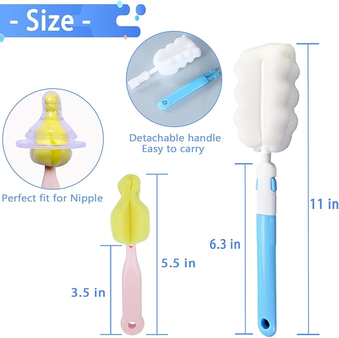 INVODA Cleaning Brush Set, 8PCS Portable Bottle & Nipple Brushes Sponge Material, Soft & Fluffy Texture, Comfortable Grip, Hanging Holes, BPA Free, Ideal for Baby Bottles & Cups