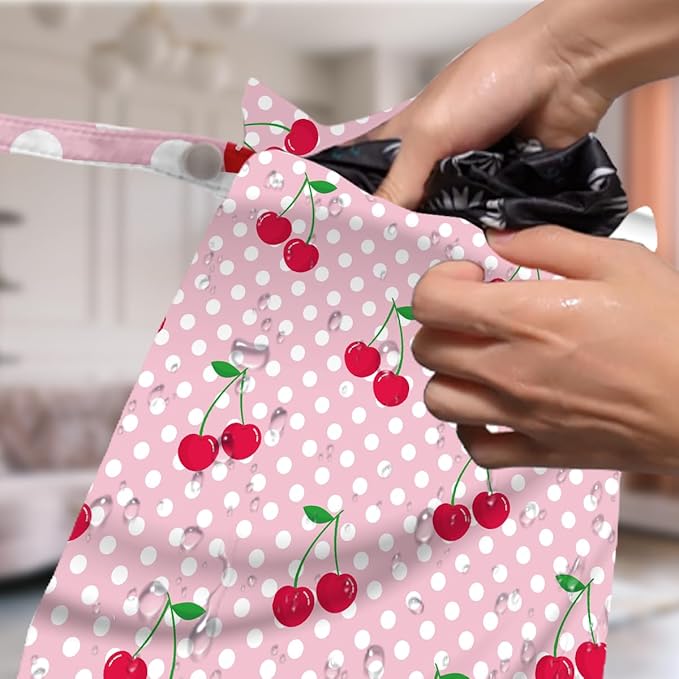4 Pack Cute Polka Striped Cherry Bow Wet Bag Waterproof Washable Reusable Wet Dry Bag for Swimsuit Dirty Clothes Bathing Cloth Diaper Travel Beach Pool Yoga Gym Toiletries Travel Beach Essentials