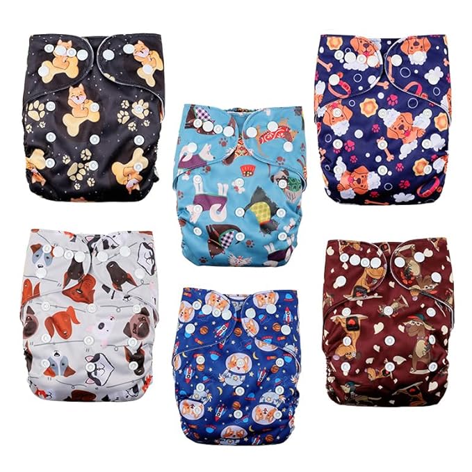 wegreeco Cloth Diapers 6 Pack with 6 Inserts & 1 Wet Bag, Washable Cloth Diapers for Babies, One Size Adjustable Reusable (Little Dogs)