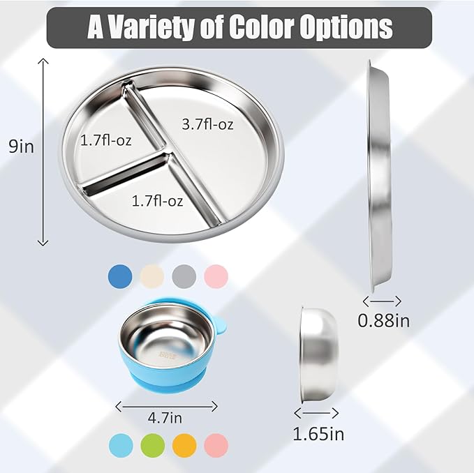 Stainless Steel Baby Plate and Bowls with Suction, Divided Kids Baby Plate and Toddler Bowl with Removable Silicone Suction, Non-Slip Baby Feeding Set Dishwasher Safe，4 Packs