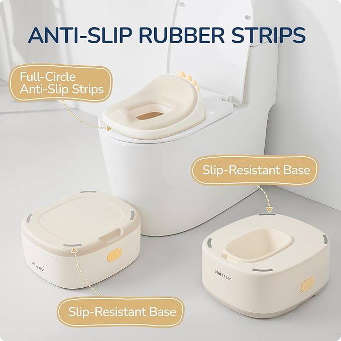 3 in 1 Potty Training Toilet, Dinosaur Toddler Potty Training Seat for Boys Girls with Comfortable Cushion, Easy-to-Clean and Anti-Slip Potty Training Step Stool for Toilet (Beige)