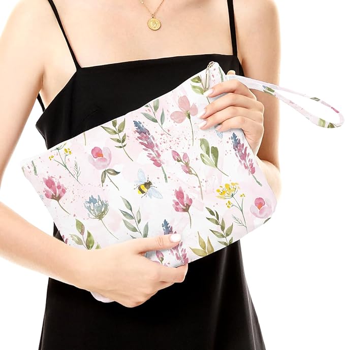Fokongna Wet Bag, Wet Dry Bag, Makeup Bag, Toiletry Bag, Waterproof Large Capacity Travel Cosmetic Bag, Zipper Pouch for Women, Girls Mo Wife Sister Friends Baby Diaper Bag Bee Wildflower gifts