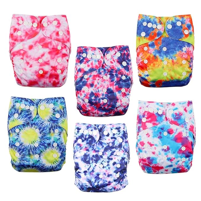 wegreeco Cloth Diapers 6 Pack with 6 Inserts & 1 Wet Bag, Washable Cloth Diapers for Babies, One Size Adjustable Reusable (Tie-dye)