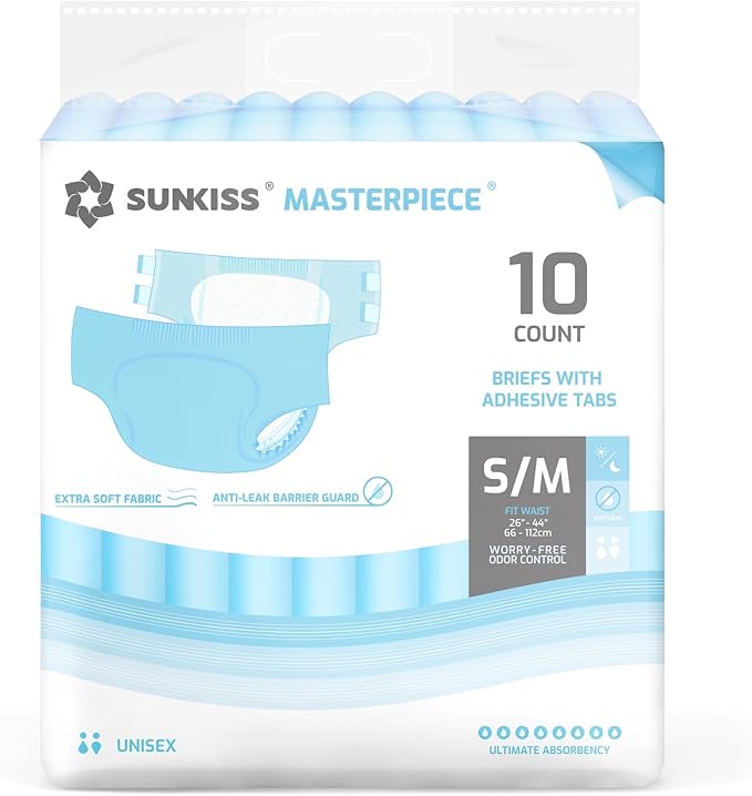 SUNKISS Masterpiece Adult Diapers with Tabs, Unisex Disposable Incontinence Briefs for Women and Men, Odor Control, Blue, S/M, 10 Count