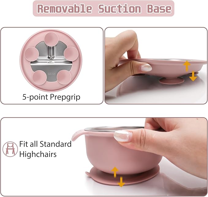 Stainless Steel Kids Plates and Bowls Set with Suction, Divided Baby Plate and Toddler Bowl with Removable Silicone Suction,Stainless Steel Weaning Bundle, Silicone Baby Feeding Set (Pink)