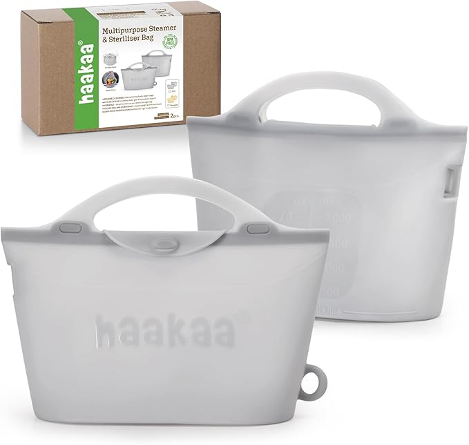 Haakaa Silicone Microwave Steamer & Steriliser Bag, 70oz/2000ml Large Capacity Reusable Steaming Bags for Baby Bottles, Breast Pump, Accessories, Pacifiers,Teethers, Great for Home&On The Go,Grey/2PCS